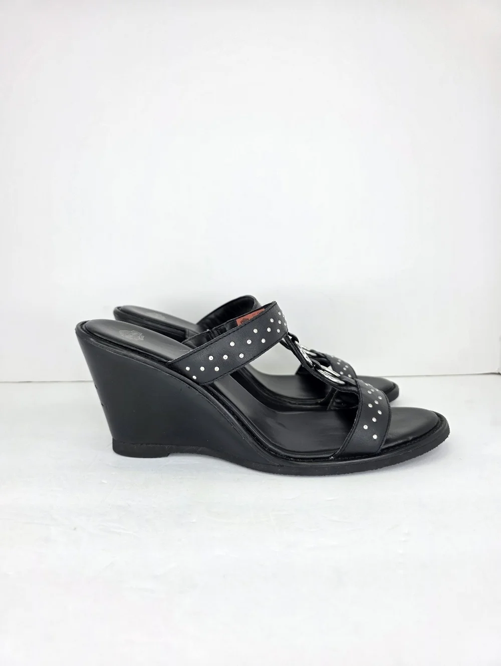 Harley Davidson Monica Women's Black‎ Double Strap Silver Wedge Sandals Size 10M